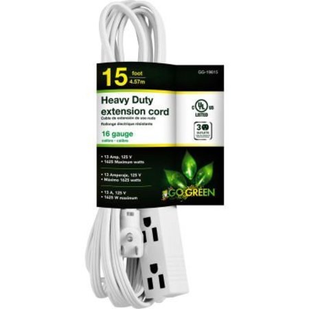 GOGREEN GoGreen Power, , 3 Outlet 15 Ft Extension Cord - Right Angle Plug GG-19615
